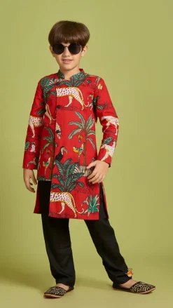Hot Crimson Red Jungle Theme Printed Asymmetric Kurta And Black Pyjama BOY Indian Ethnic Wear | Ethnic Sets