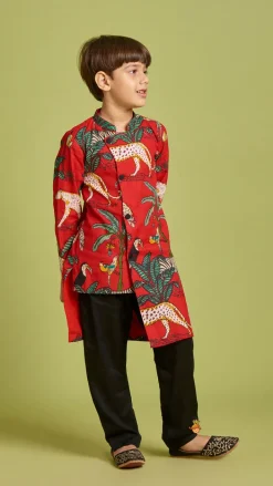 Hot Crimson Red Jungle Theme Printed Asymmetric Kurta And Black Pyjama BOY Indian Ethnic Wear | Ethnic Sets