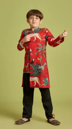 Online Crimson Red Jungle Theme Printed Asymmetric Kurta And Black Pyjama BOY Indian Ethnic Wear | Ethnic Sets