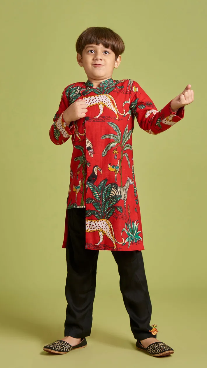 Hot Crimson Red Jungle Theme Printed Asymmetric Kurta And Black Pyjama BOY Indian Ethnic Wear | Ethnic Sets