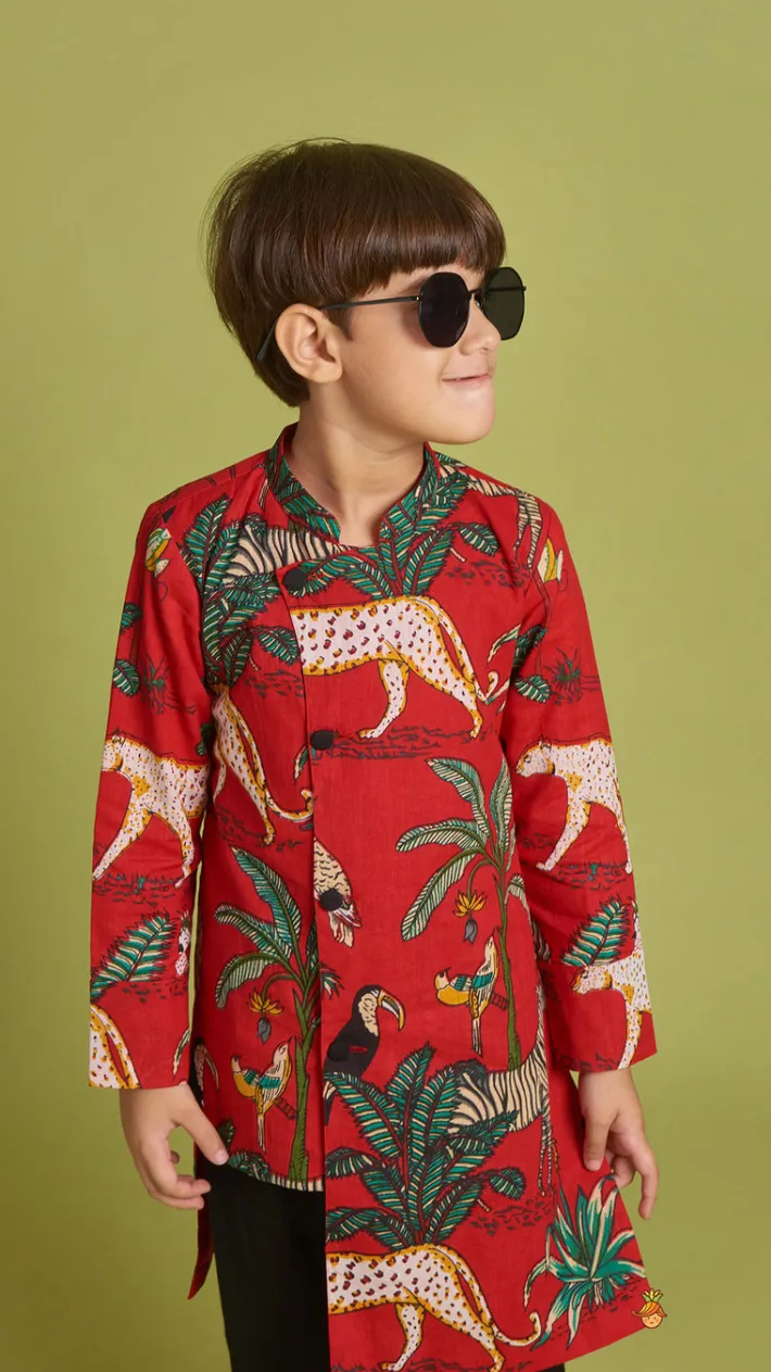 Online Crimson Red Jungle Theme Printed Asymmetric Kurta And Black Pyjama BOY Indian Ethnic Wear | Ethnic Sets