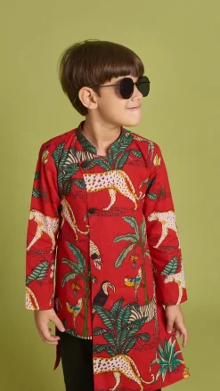 Hot Crimson Red Jungle Theme Printed Asymmetric Kurta And Black Pyjama BOY Indian Ethnic Wear | Ethnic Sets