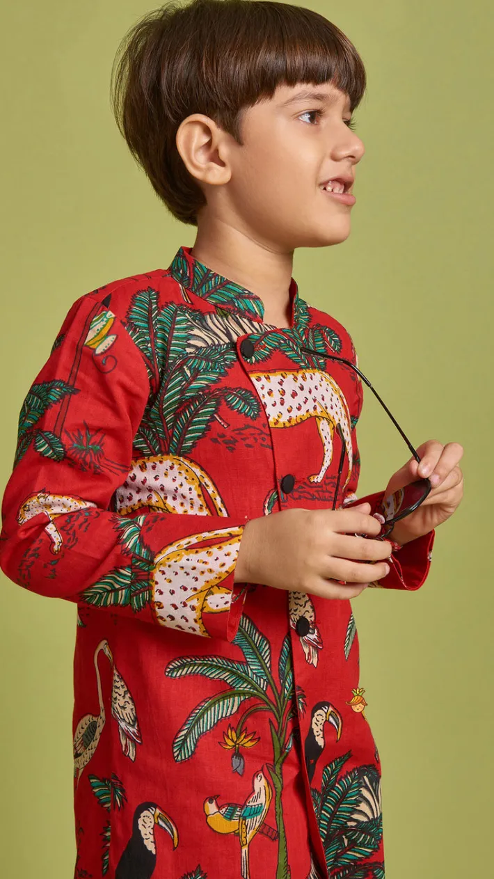 Online Crimson Red Jungle Theme Printed Asymmetric Kurta And Black Pyjama BOY Indian Ethnic Wear | Ethnic Sets