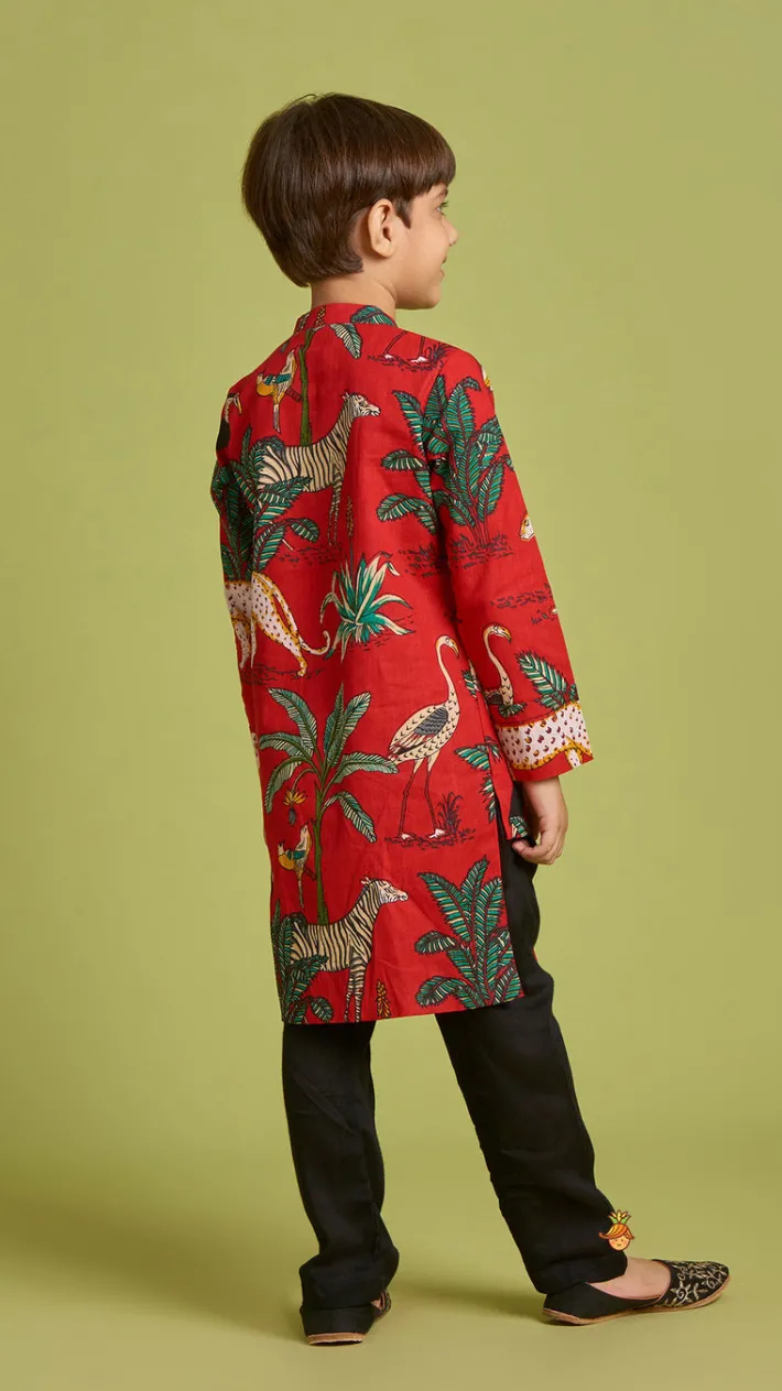 Online Crimson Red Jungle Theme Printed Asymmetric Kurta And Black Pyjama BOY Indian Ethnic Wear | Ethnic Sets