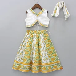 Discount Cut Out Hem White Top And Floral Printed Lehenga With Matching Lurex Striped Dupatta Twinning Sets | Ethnic Wear