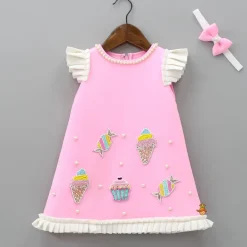 Discount Cute Candy Embroidered Baby Pink Dress With Matching Head Band Dresses & Sets | Dresses