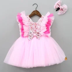 Online Cute Sequin Work Pink Dress With Hair Clip Dresses & Sets | Dresses