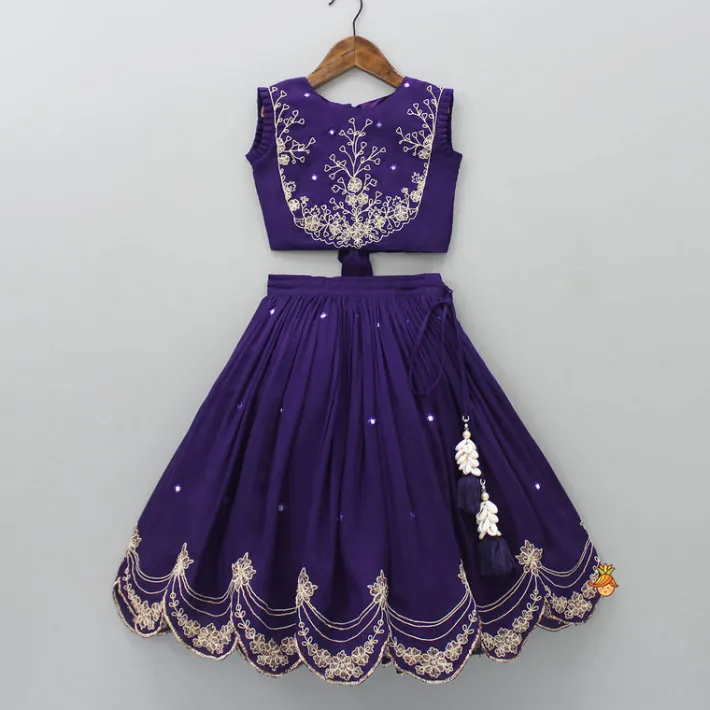 Hot Dual Back Knot Detail Purple Top And Tassels Enhanced Lehenga Twinning Sets | Ethnic Wear