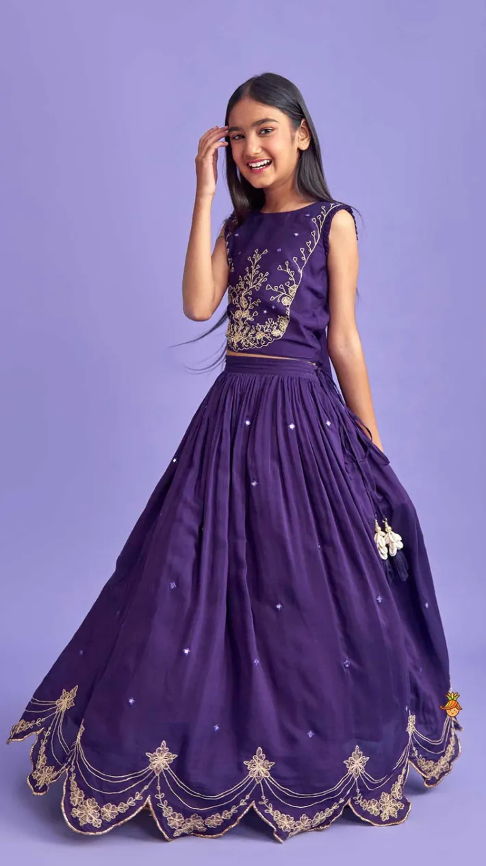 Hot Dual Back Knot Detail Purple Top And Tassels Enhanced Lehenga Twinning Sets | Ethnic Wear