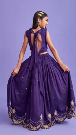 Hot Dual Back Knot Detail Purple Top And Tassels Enhanced Lehenga Twinning Sets | Ethnic Wear