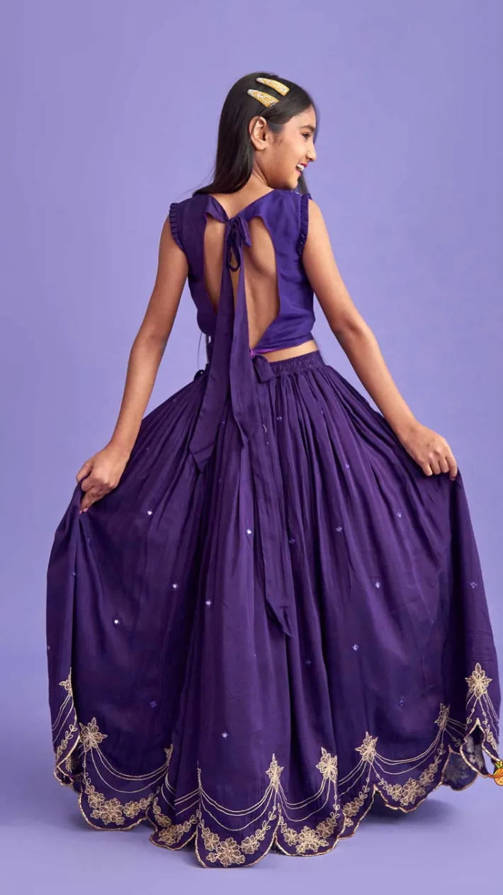 Hot Dual Back Knot Detail Purple Top And Tassels Enhanced Lehenga Twinning Sets | Ethnic Wear