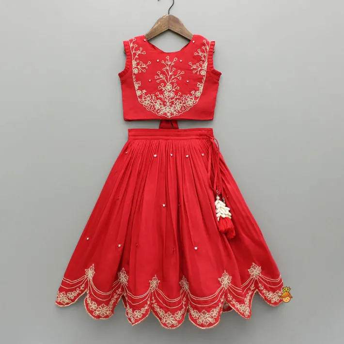 Clearance Dual Back Knot Detail Red Top And Tassels Enhanced Lehenga Ethnic Wear | Lehengas & Ghagras