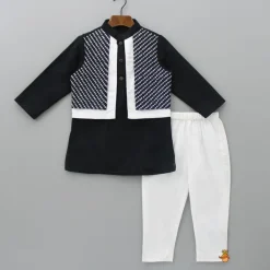Sale Dual Flap Jacket Style Black Kurta And Pyjama BOY Twinning Sets | Indian Ethnic Wear