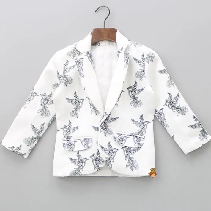 Best Dual Pocket Detail White And Black Bird Printed Blazer BOY Formal Wear
