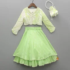 Best Dual Tone Embellished Embroidered Top And Green Lehenga With Matching Potli Bag Ethnic Wear | Lehengas & Ghagras