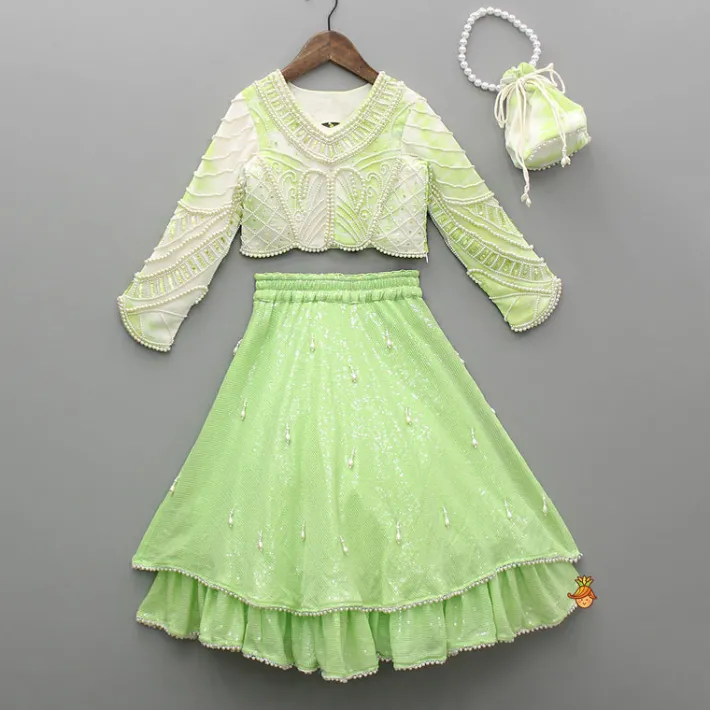 Best Dual Tone Embellished Embroidered Top And Green Lehenga With Matching Potli Bag Ethnic Wear | Lehengas & Ghagras