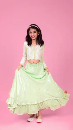 Best Dual Tone Embellished Embroidered Top And Green Lehenga With Matching Potli Bag Ethnic Wear | Lehengas & Ghagras