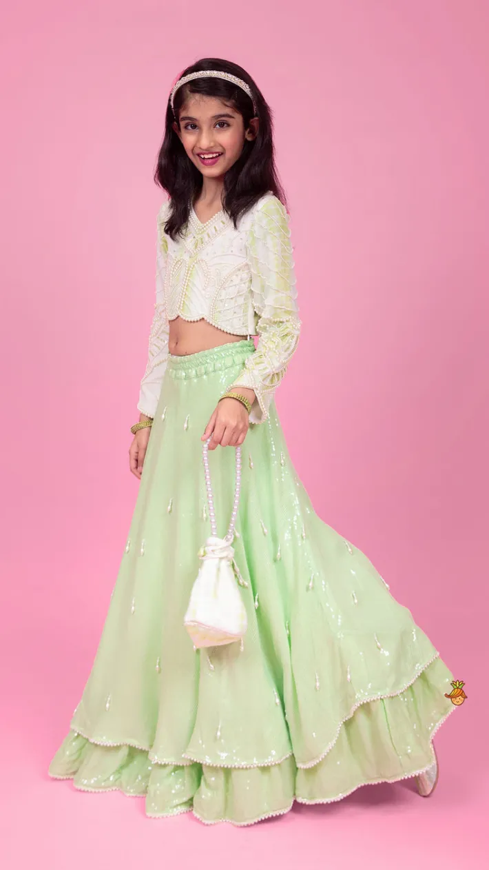 Best Dual Tone Embellished Embroidered Top And Green Lehenga With Matching Potli Bag Ethnic Wear | Lehengas & Ghagras