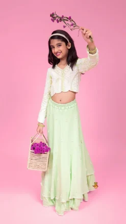 Best Dual Tone Embellished Embroidered Top And Green Lehenga With Matching Potli Bag Ethnic Wear | Lehengas & Ghagras