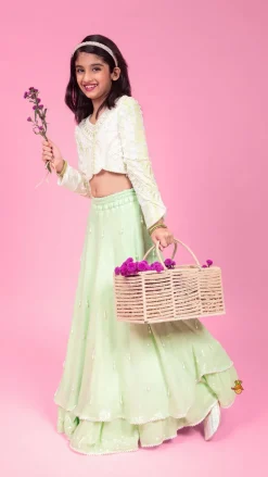Best Dual Tone Embellished Embroidered Top And Green Lehenga With Matching Potli Bag Ethnic Wear | Lehengas & Ghagras