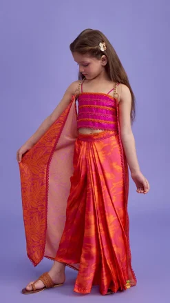 Discount Dual-Colour Top And Stylish Dhoti Skirt With Matching Cape And Hairband Ethnic Wear | Dhotis & Patialas