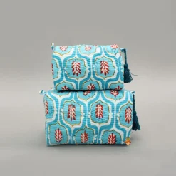 Hot Elegant Blue Block-Printed Pouch Bags - Set Of 2 Bags