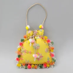 Hot Elegant Embroidered Fringed Yellow Potli Bag Bags
