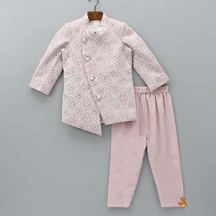 New Elegant Front Open Embroidered Asymmetric Pink Sherwani And Pyjama BOY Indian Ethnic Wear | Sherwani Sets