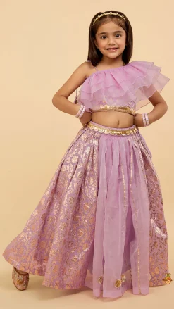 Discount Elegant Pastel Purple Embroidered One Shoulder Top With Lehenga And Gota Lace Detail Dupatta Twinning Sets | Ethnic Wear