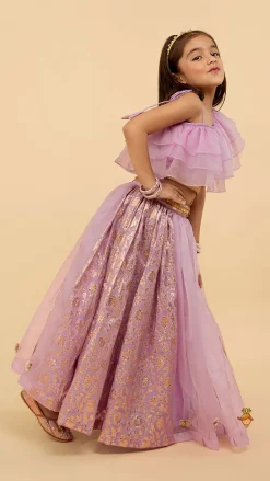 Discount Elegant Pastel Purple Embroidered One Shoulder Top With Lehenga And Gota Lace Detail Dupatta Twinning Sets | Ethnic Wear