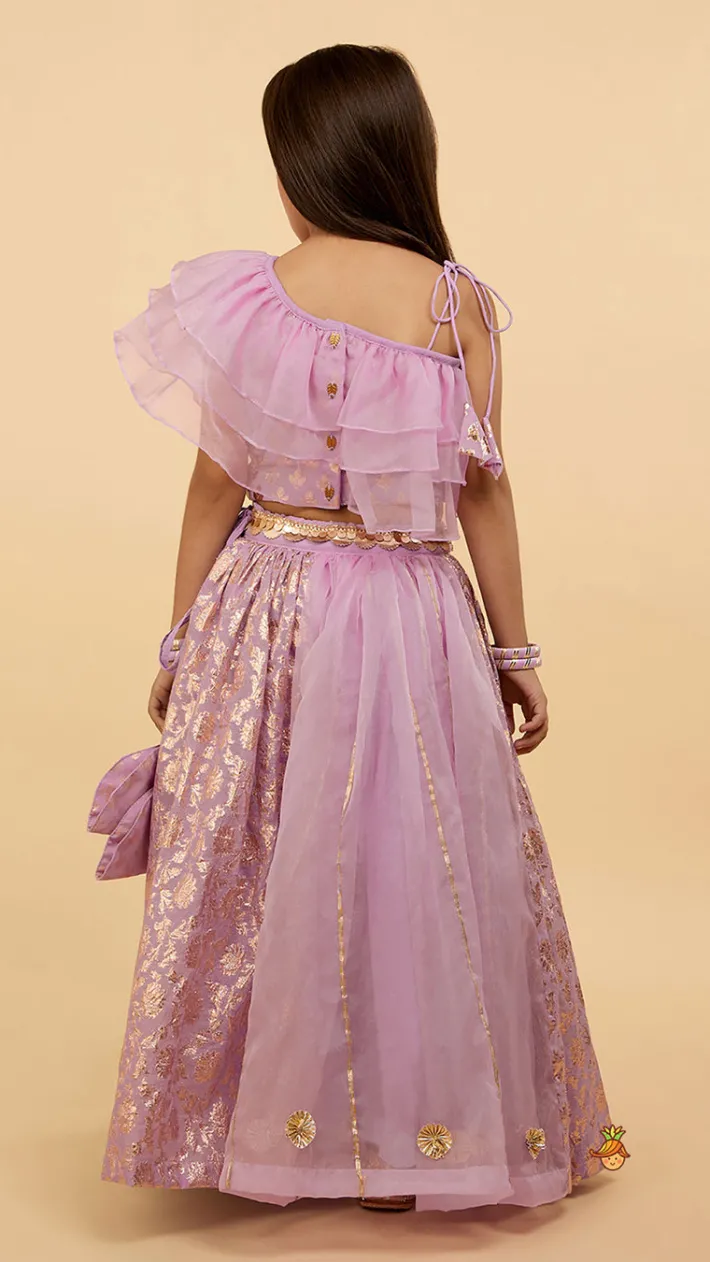 Discount Elegant Pastel Purple Embroidered One Shoulder Top With Lehenga And Gota Lace Detail Dupatta Twinning Sets | Ethnic Wear