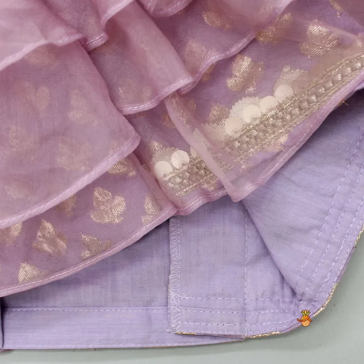 Discount Elegant Pastel Purple Embroidered One Shoulder Top With Lehenga And Gota Lace Detail Dupatta Twinning Sets | Ethnic Wear