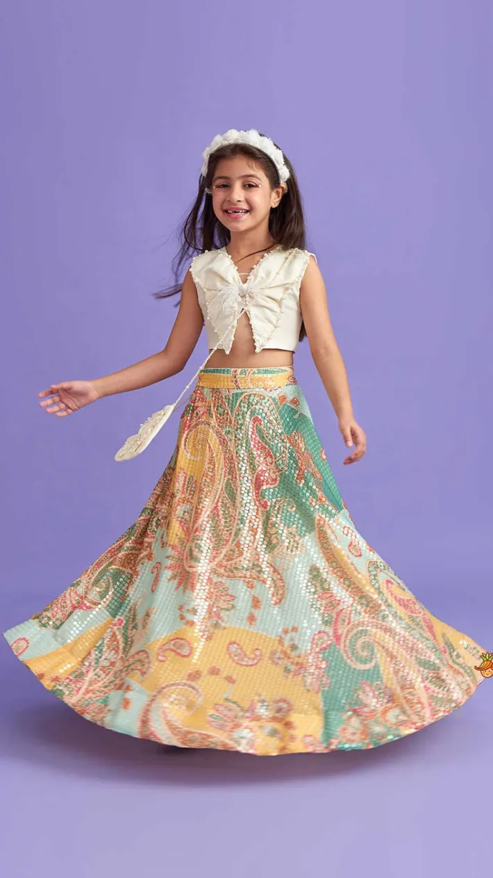 Outlet Elegant Pearl Embroidered Butterfly Top And Sequins Work Lehenga With Sling Bag Ethnic Wear | Lehengas & Ghagras