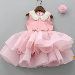 Fashion Elegant Pearls Embellished Onion Pink Ruffle Dress With Floral Hair Clip Dresses & Sets | Dresses