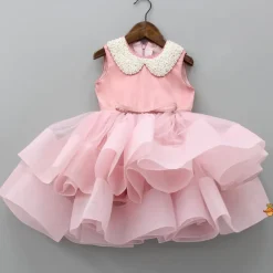 Fashion Elegant Pearls Embellished Onion Pink Ruffle Dress With Floral Hair Clip Dresses & Sets | Dresses