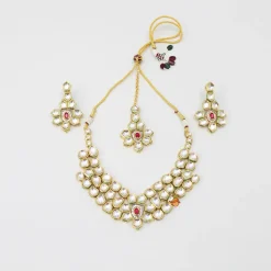 Clearance Elegant Pink And White Stone Studded Necklace With Earrings And Maang Tikka Jewellery