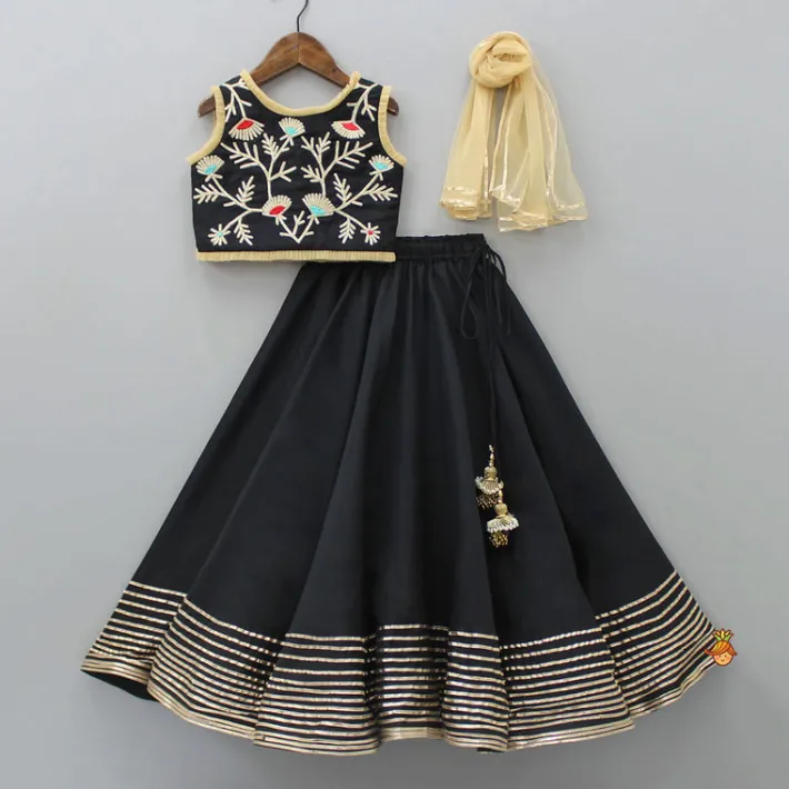 Clearance Elegant Pleated Black Top And Gota Lace Work Flared Lehenga With Beige Dupatta Ethnic Wear | Lehengas & Ghagras