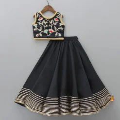 Clearance Elegant Pleated Black Top And Gota Lace Work Flared Lehenga With Beige Dupatta Ethnic Wear | Lehengas & Ghagras