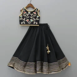 Clearance Elegant Pleated Black Top And Gota Lace Work Flared Lehenga With Beige Dupatta Ethnic Wear | Lehengas & Ghagras
