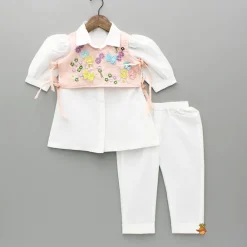 Fashion Elegant Shirt Style Top With Peach Embroidered Embellished Jacket And Pant Ethnic Wear | Churidars & Salwars