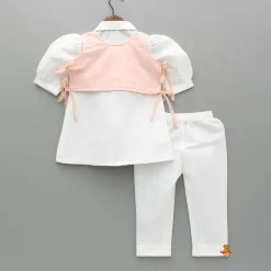 Fashion Elegant Shirt Style Top With Peach Embroidered Embellished Jacket And Pant Ethnic Wear | Churidars & Salwars