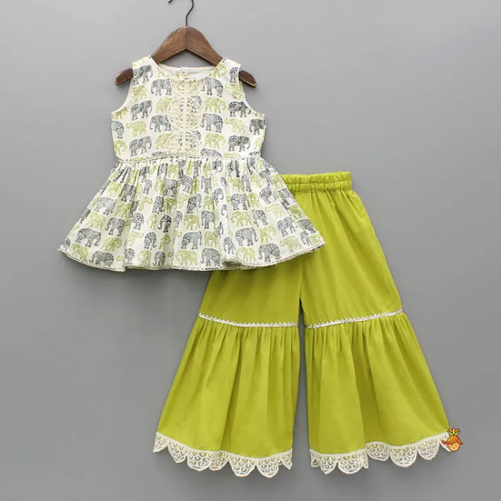 Clearance Elephant Hand Block Printed Kurti And Scalloped Lace Work Lime Green Sharara Ethnic Wear | Palazzos & Shararas