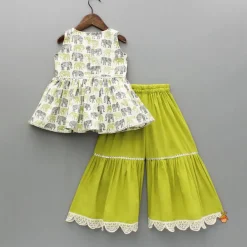 Clearance Elephant Hand Block Printed Kurti And Scalloped Lace Work Lime Green Sharara Ethnic Wear | Palazzos & Shararas