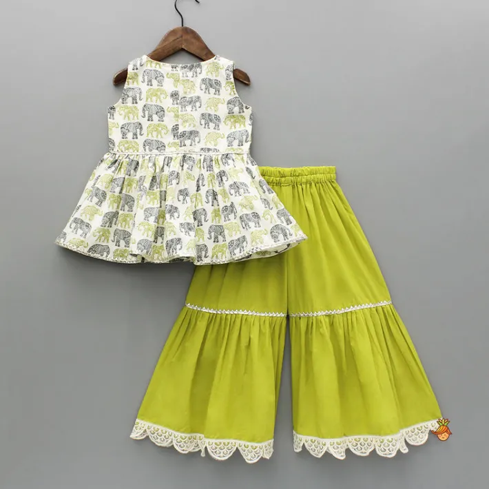 Clearance Elephant Hand Block Printed Kurti And Scalloped Lace Work Lime Green Sharara Ethnic Wear | Palazzos & Shararas