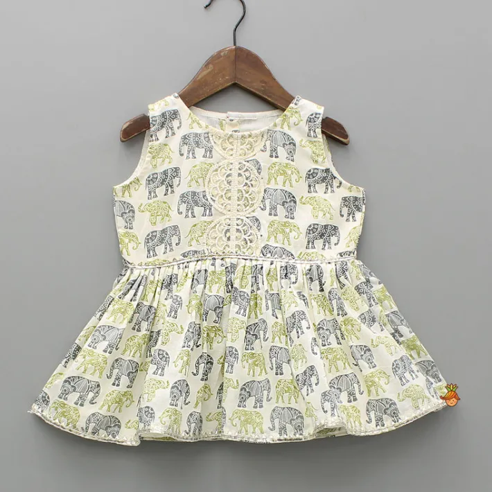 Clearance Elephant Hand Block Printed Kurti And Scalloped Lace Work Lime Green Sharara Ethnic Wear | Palazzos & Shararas