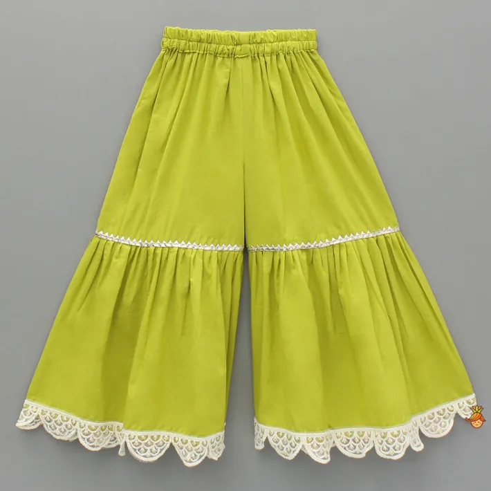 Clearance Elephant Hand Block Printed Kurti And Scalloped Lace Work Lime Green Sharara Ethnic Wear | Palazzos & Shararas