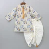 Fashion Elephant Printed Thread Detail Multicolour Kurta With Off White Dhoti BOY Indian Ethnic Wear | Ethnic Sets