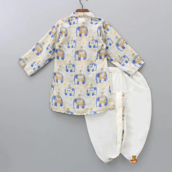 Fashion Elephant Printed Thread Detail Multicolour Kurta With Off White Dhoti BOY Indian Ethnic Wear | Ethnic Sets