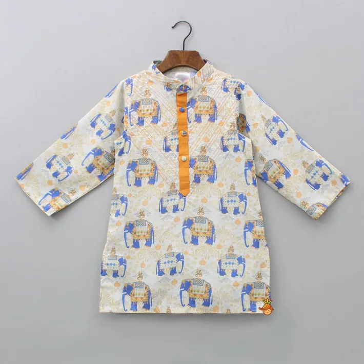 Fashion Elephant Printed Thread Detail Multicolour Kurta With Off White Dhoti BOY Indian Ethnic Wear | Ethnic Sets