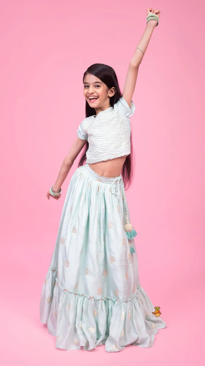 Discount Embellished Embroidered Blue Top And Brocade Lehenga Ethnic Wear | Lehengas & Ghagras